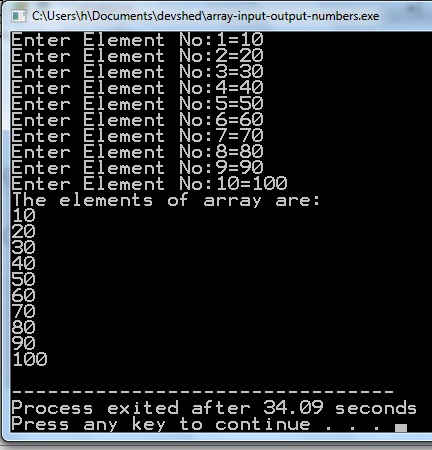 output of Array input output program in C language