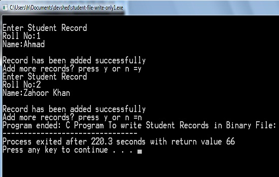 output screen of C program to write records in binary file.