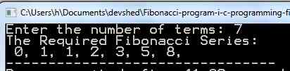 output of fibonacci program in C