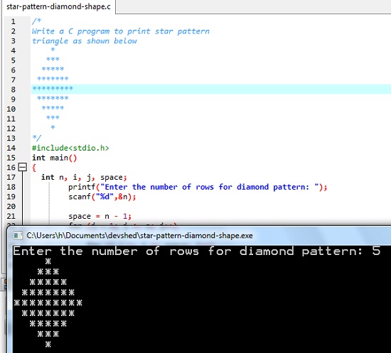 Here is an image to show the sample run and output of diamond of stars pattern program in C language.