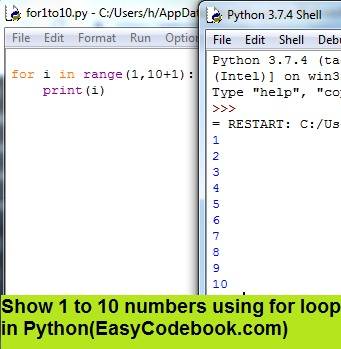 Python for loop syntax example to display 1 to 10