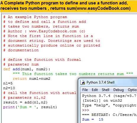 Python function add two numbers complete program