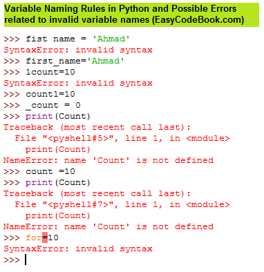 Python Variable Names and Naming Rules with invalid variable name errors