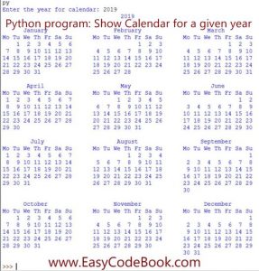 Python Program To Show Calendar of a Year - EasyCodeBook.com