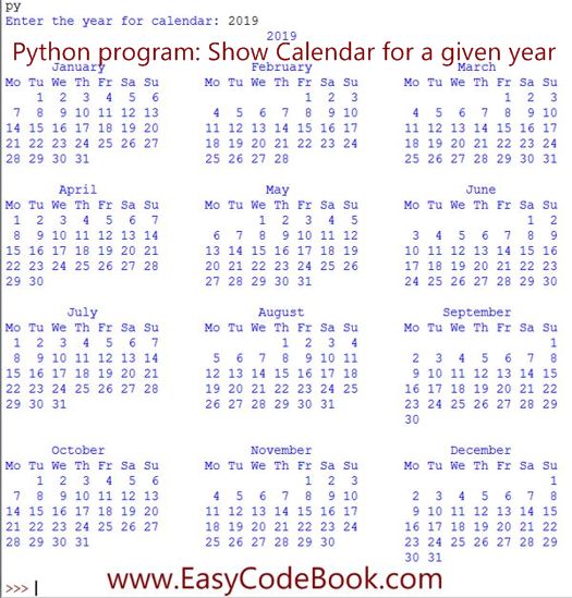 Python program to show calendar for a given year
