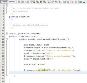 Write and Execute Java Addition Program - EasyCodeBook.com