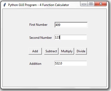 Python Four Function Calculator GUI Program using tkinter