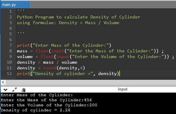 Python Program Density of Cylinder