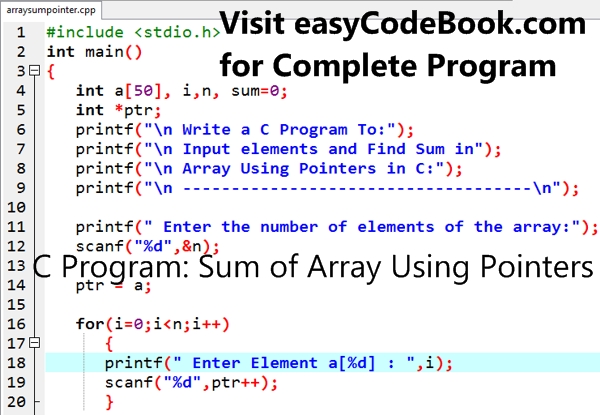 C Program Sum of array using pointers