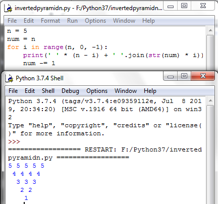 Print Inverted Pyramid of Numbers Python Program