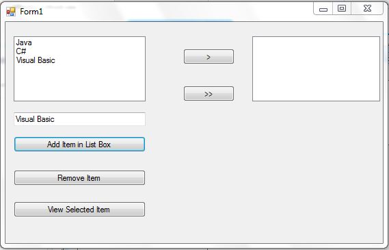ListBox Add items, remove item, Move selcted item of listbox 1 to list box 2